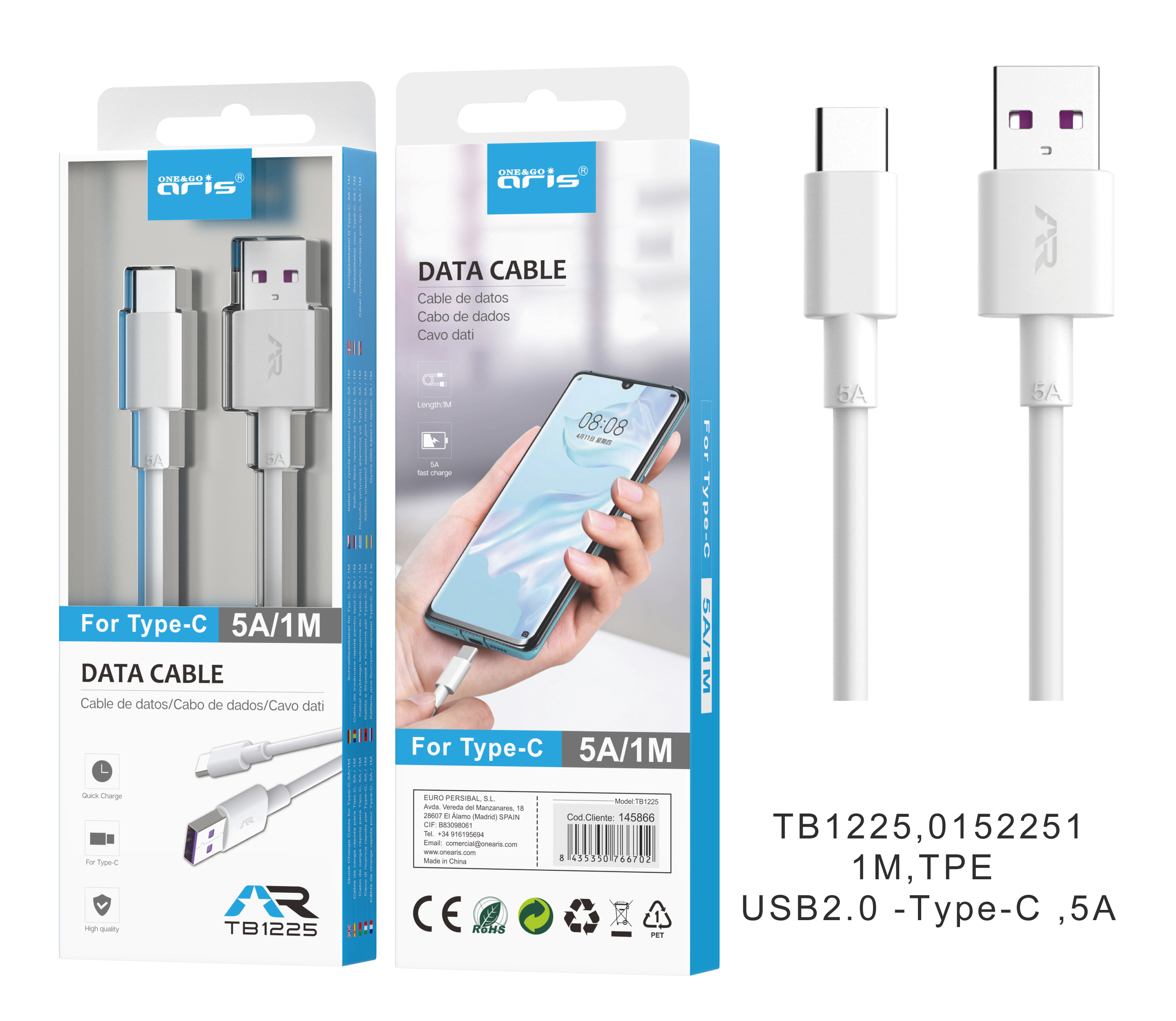 TB1225 - Cable ARIS, Type C, 5A ,datos/carga rapida,HW, 1M, Blanco