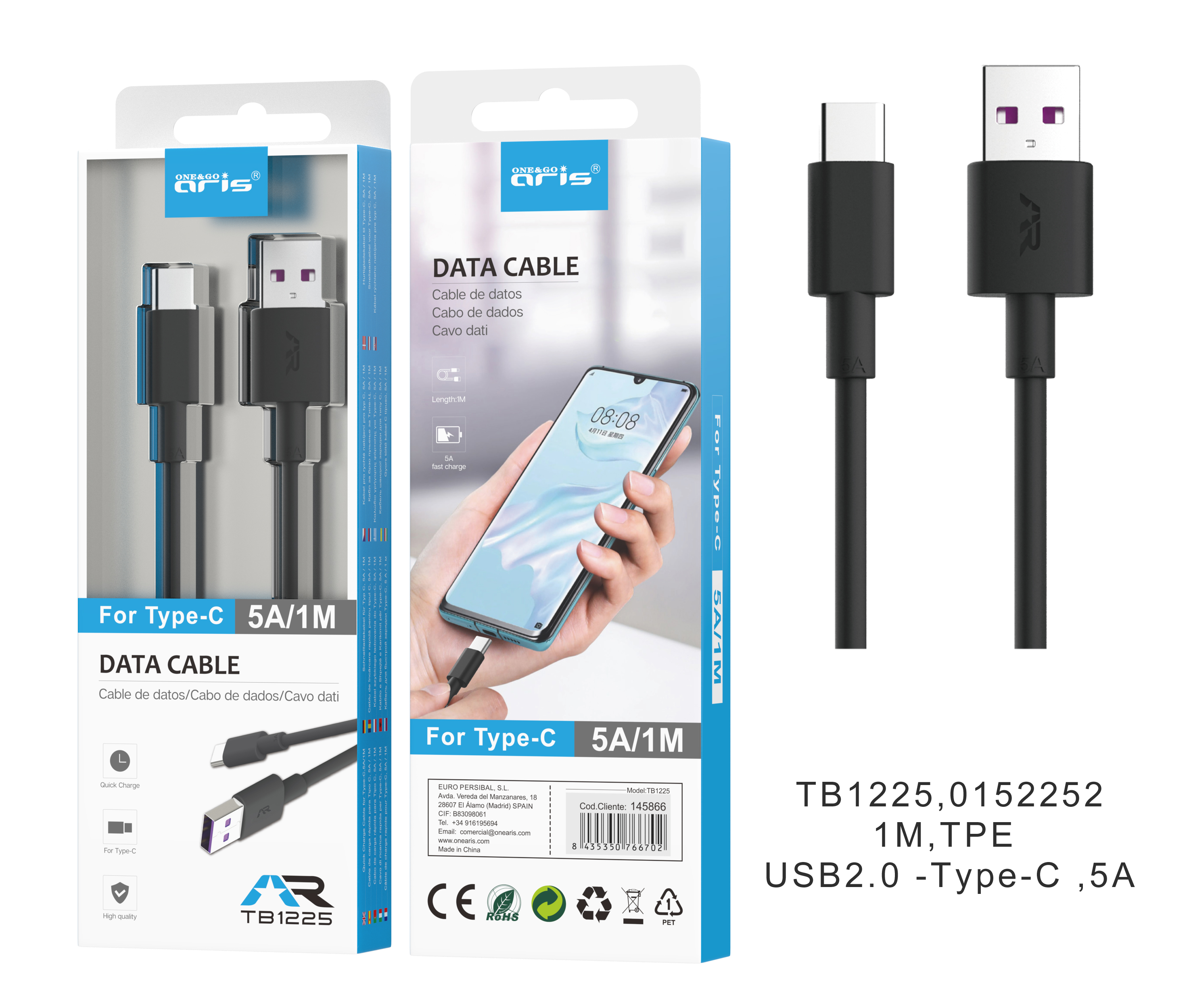 TB1225 - Cable ARIS, Type C, 5A ,datos/carga rapida,HW, 1M, Negro