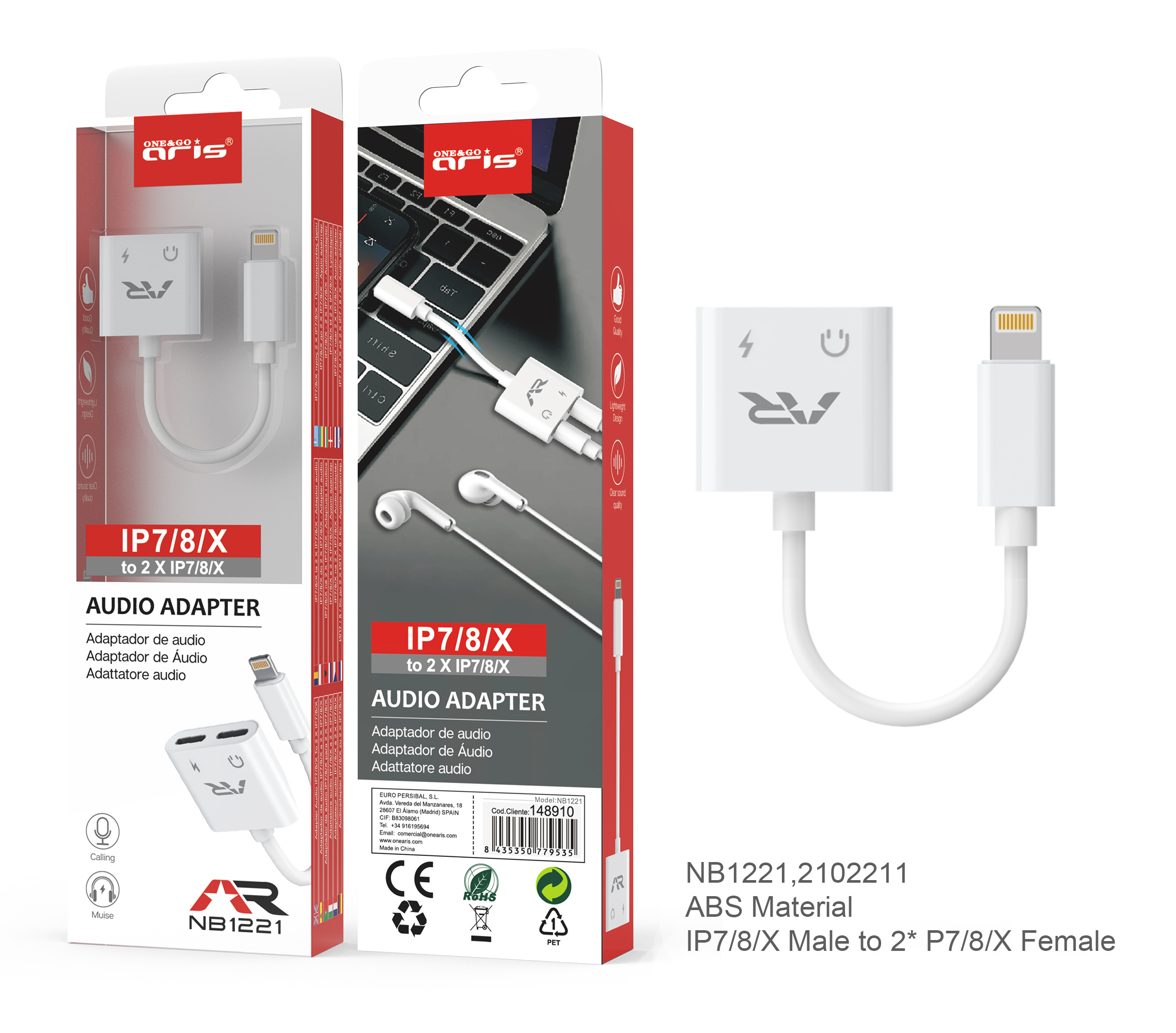 AT993 Cargador mechero ARIS + cable Type C, 2 USB, 2.4A , Blanco